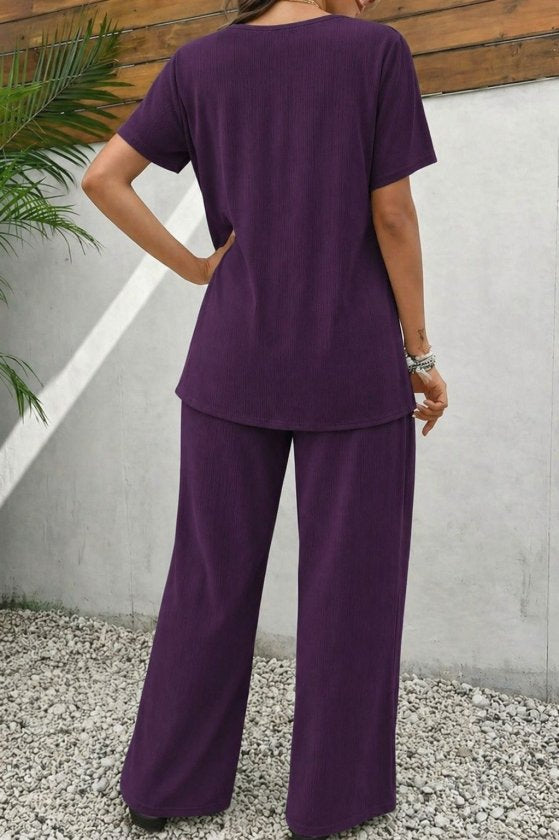 Set două piese damă, bluză cu mânecă scurtă, guler rotund, croială asimetrică și pantaloni din bumbac creponat, 36283