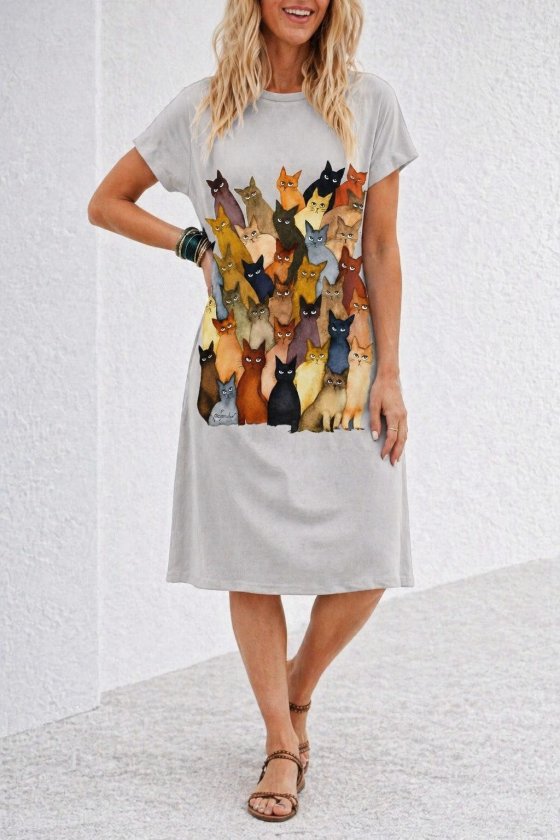 Rochie midi din viscoză cu mânecă scurtă, guler rotund, imprimeu cu pisici, 34021
