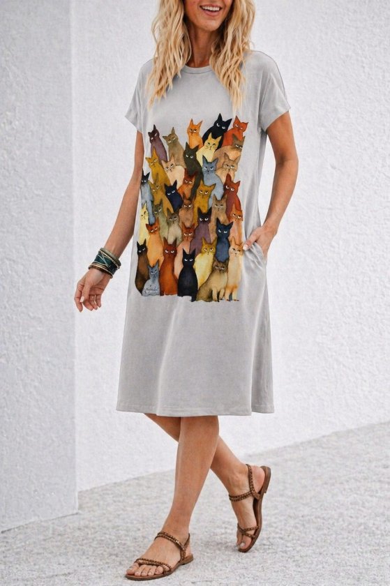 Rochie midi din viscoză cu mânecă scurtă, guler rotund, imprimeu cu pisici, 34021