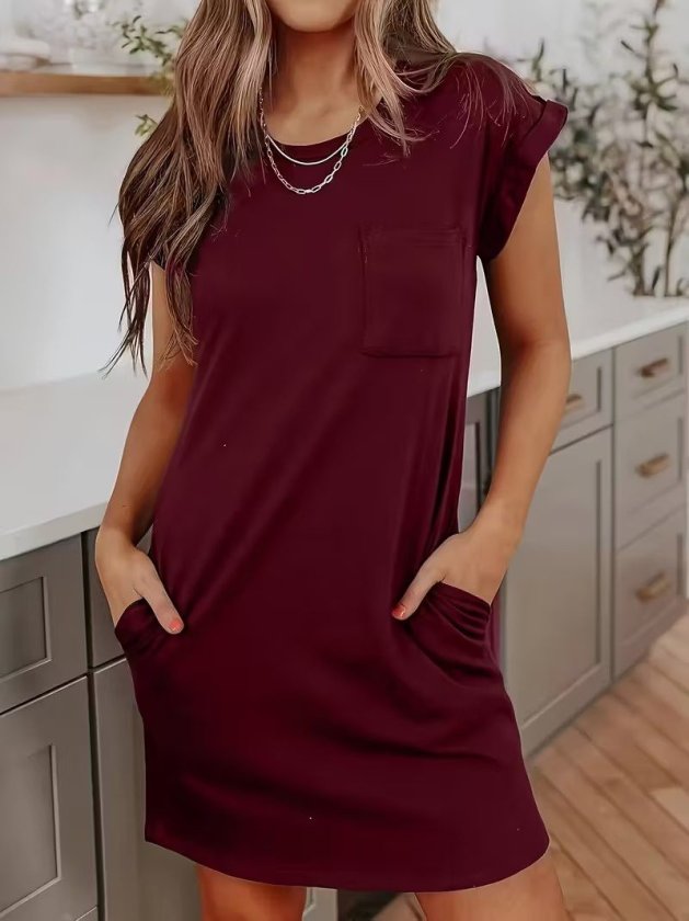 Rochie scurtă din viscoză cu două fire, cu guler rotund și mânecă scurtă, 34025