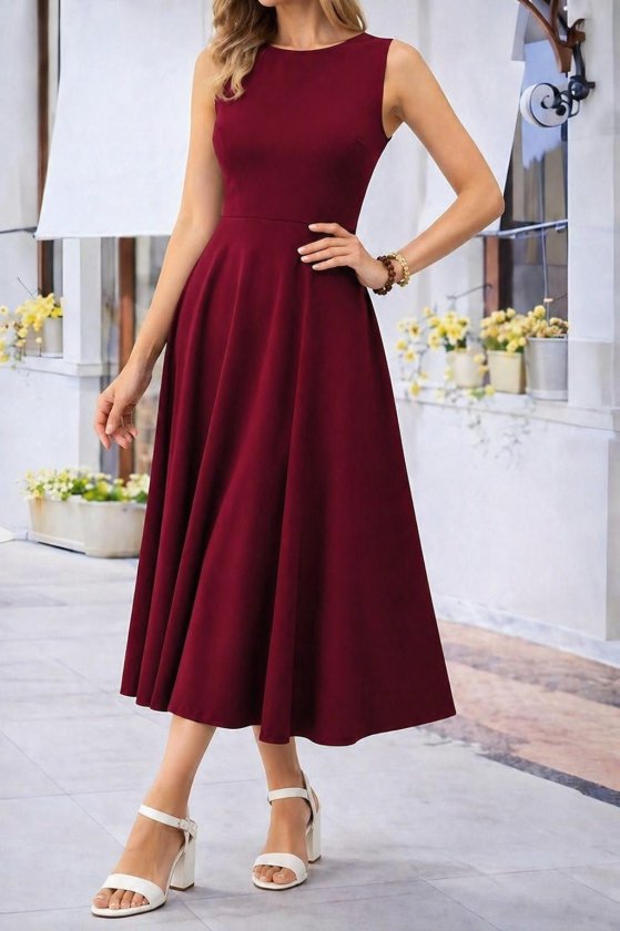 Rochie midi evazată din viscoză, cu guler tip barcă, cu umerii goi, pentru femei, 34034