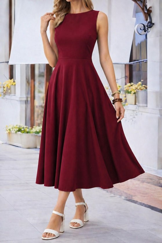 Rochie midi evazată din viscoză, cu guler tip barcă, cu umerii goi, pentru femei, 34034