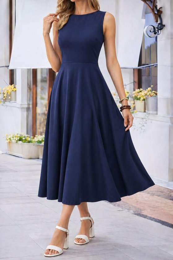 Rochie midi evazată din viscoză, cu guler tip barcă, cu umerii goi, pentru femei, 34035