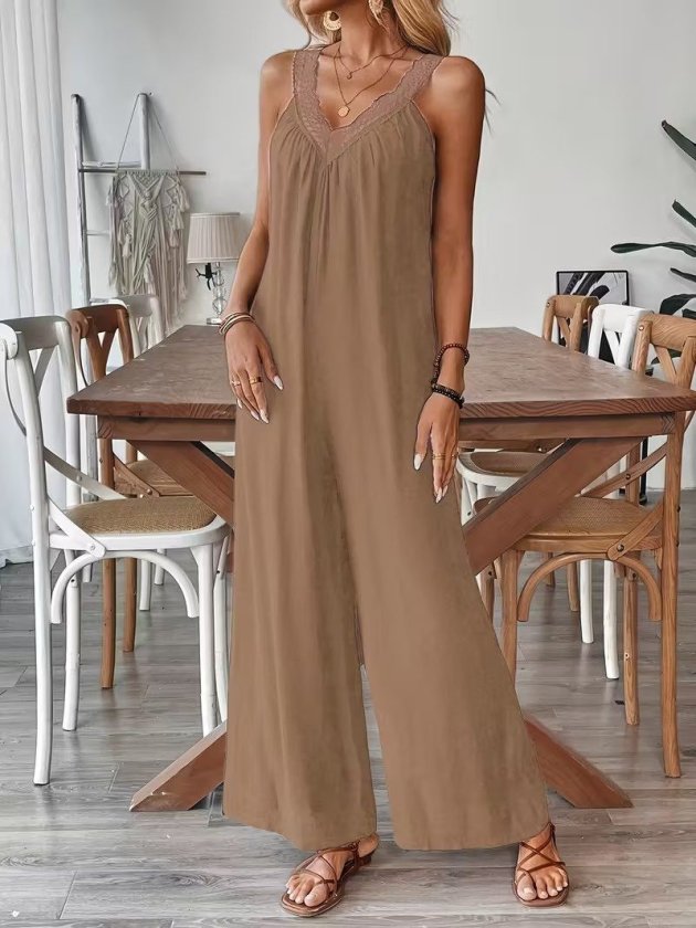 Women's Smart V-Neck Lace Detail Wide-Leg Viscose Jumpsuit, 34039