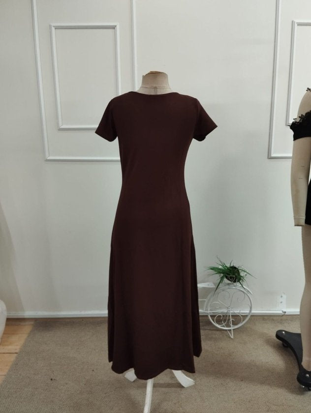 Rochie midi pentru femei cu mânecă scurtă, decolteu în V și dungi laterale, din viscoză cu două fire, 34045