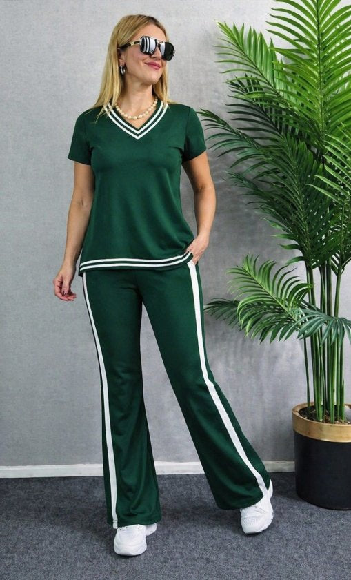Compleu din viscon cu mânecă scurtă, guler V, bluza și pantalon două piese, 36668