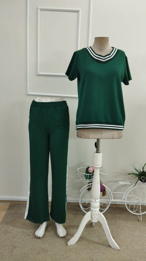 Compleu din viscon cu mânecă scurtă, guler V, bluza și pantalon două piese, 36668