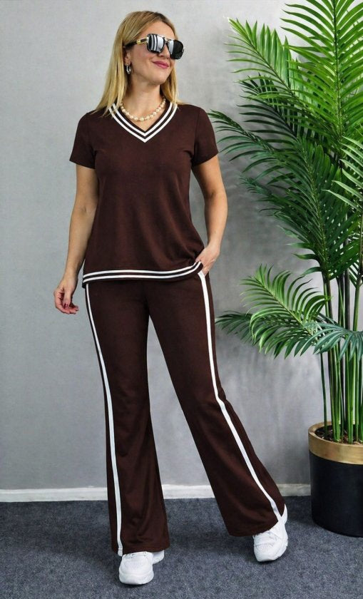Compleu din viscon cu mânecă scurtă, guler V, bluza și pantalon două piese, 36670