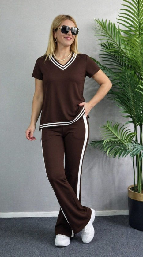 Compleu din viscon cu mânecă scurtă, guler V, bluza și pantalon două piese, 36670