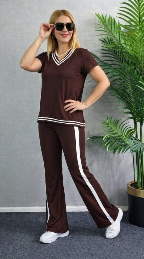 Compleu din viscon cu mânecă scurtă, guler V, bluza și pantalon două piese, 36670
