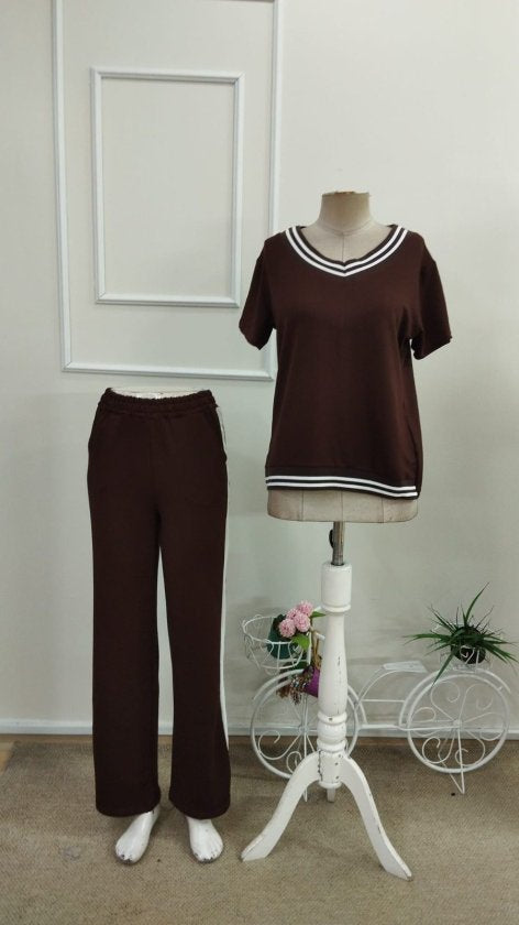 Compleu din viscon cu mânecă scurtă, guler V, bluza și pantalon două piese, 36670