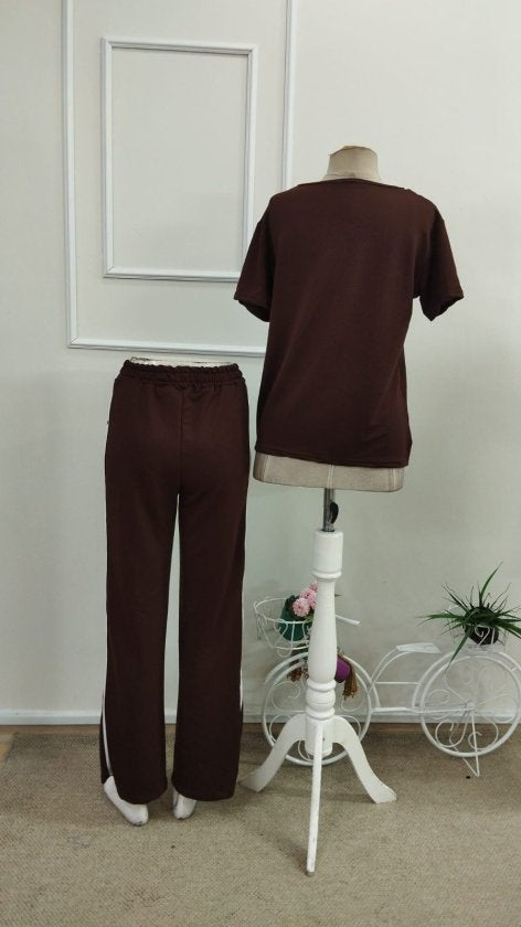 Compleu din viscon cu mânecă scurtă, guler V, bluza și pantalon două piese, 36670