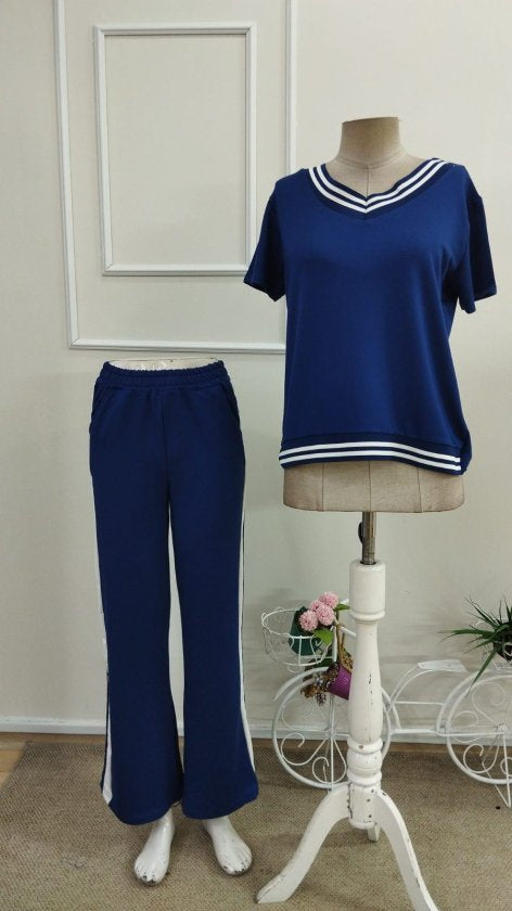 Compleu din viscon cu mânecă scurtă, guler V, bluza și pantalon două piese, 36669
