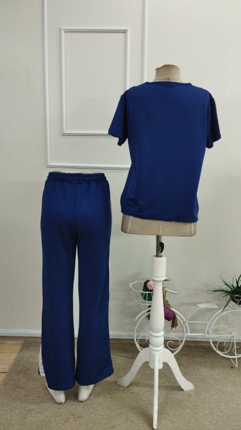 Compleu din viscon cu mânecă scurtă, guler V, bluza și pantalon două piese, 36669