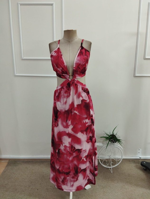 Rochie lungă Supreme pentru femei, cu bretele, detaliu de inel, legături la spate și crăpături, 34085