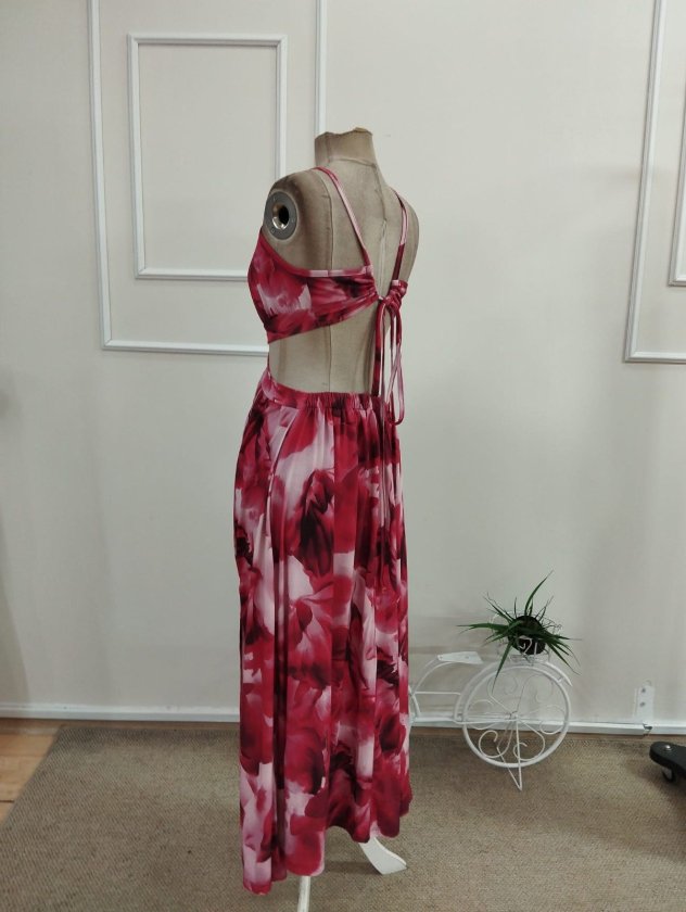 Rochie lungă Supreme pentru femei, cu bretele, detaliu de inel, legături la spate și crăpături, 34085