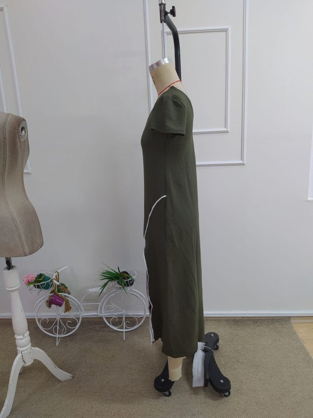 Rochie de damă albă, lungă, din viscoză, cu mânecă scurtă, decolteu rotund și detaliu cu crăpături, 34121