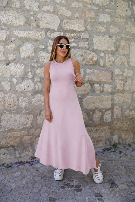 Women's Maxi Viscose Dress with Crisscross Back Detail and Round Neck, 34145