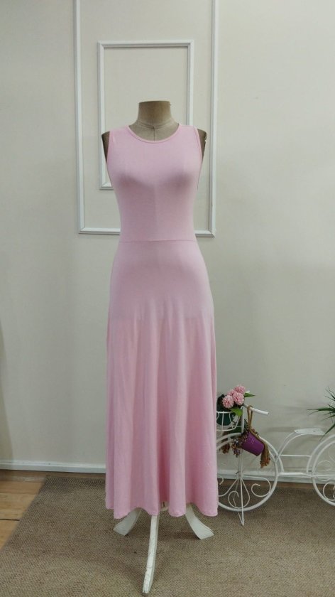 Women's Maxi Viscose Dress with Crisscross Back Detail and Round Neck, 34145