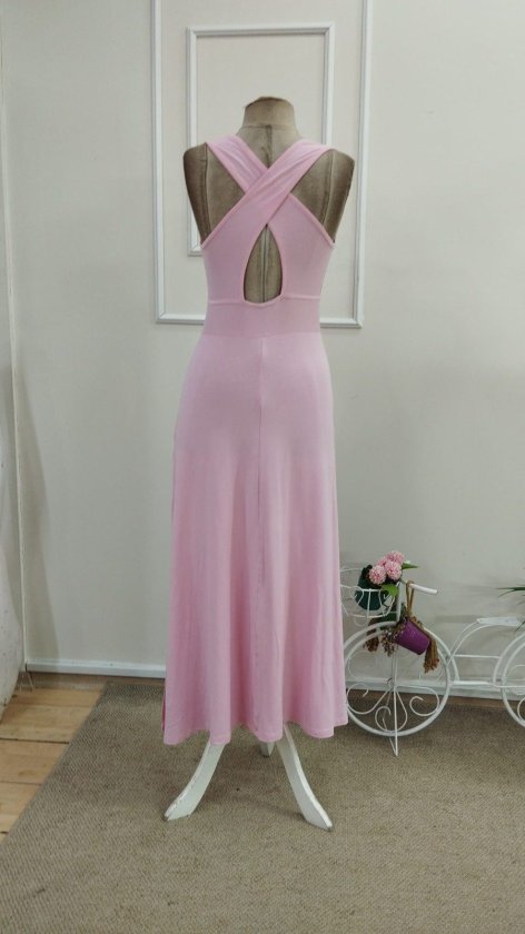 Women's Maxi Viscose Dress with Crisscross Back Detail and Round Neck, 34145