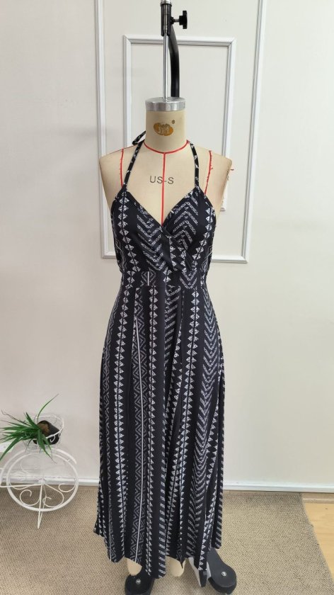 Women's Spaghetti Strap Crossover Neck Long Patterned Supreme Dress, 34173