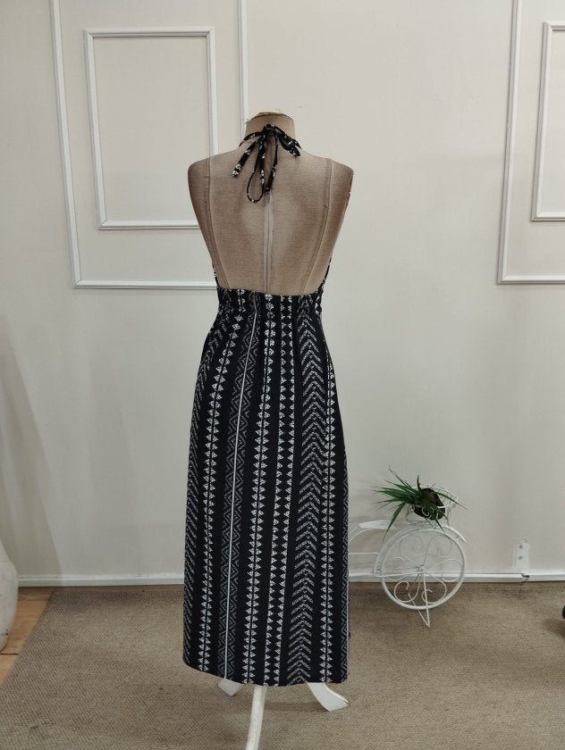 Women's Spaghetti Strap Crossover Neck Long Patterned Supreme Dress, 34173