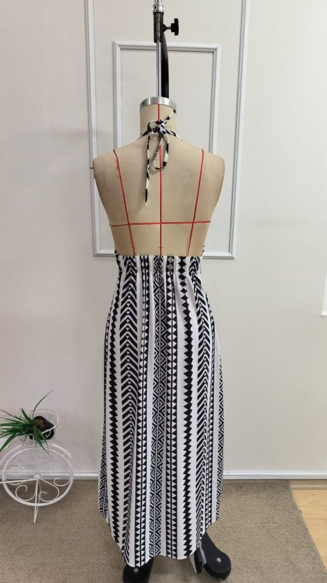 Women's Strappy Wrap Neck Front Slit Long Patterned Supreme Dress, 34174