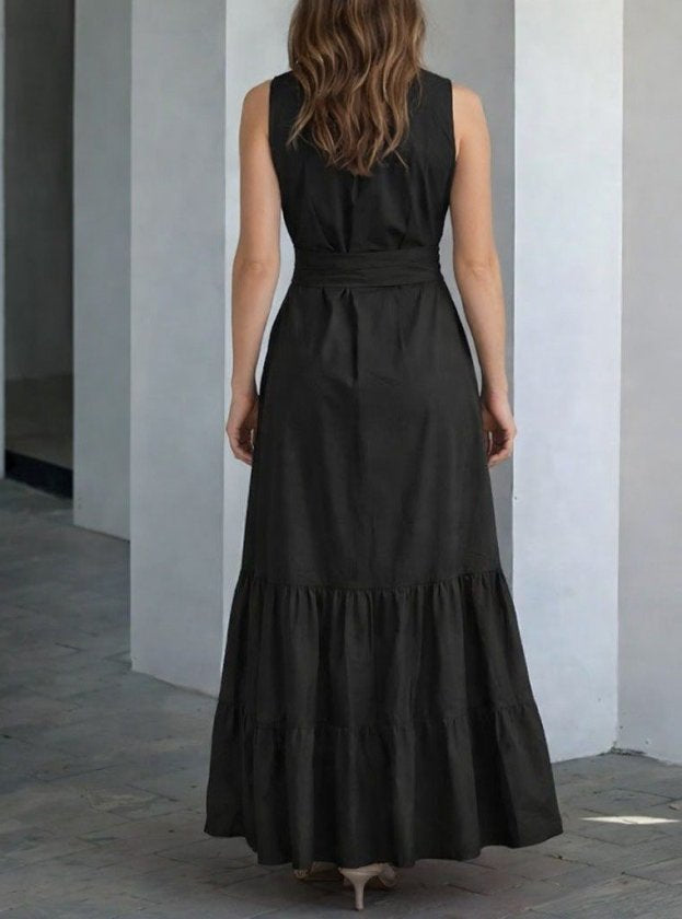 Women's Sleeveless Crew Neck Button Front Belted Long Knit Dress, 34188