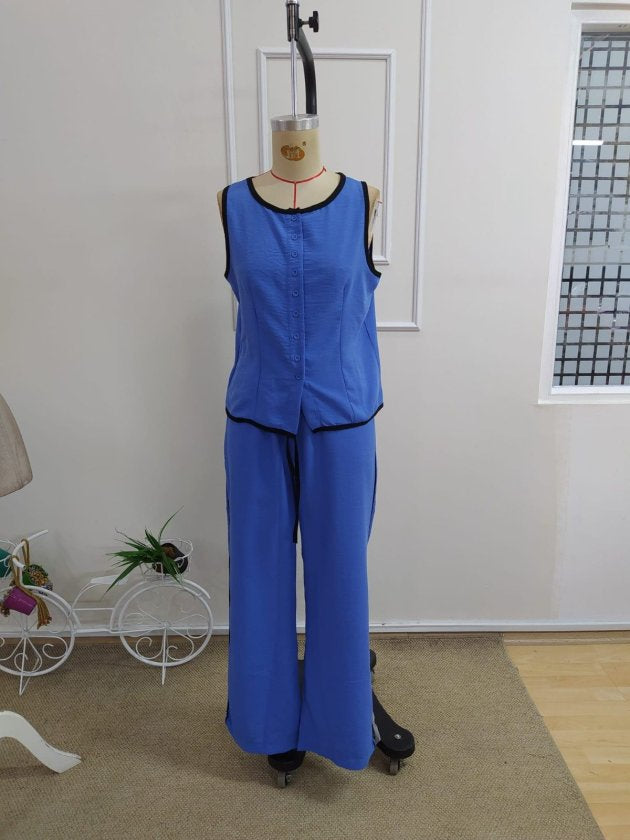 Set de două piese pentru femei, vestă și pantaloni fără mâneci, cu nasturi în față, 34195