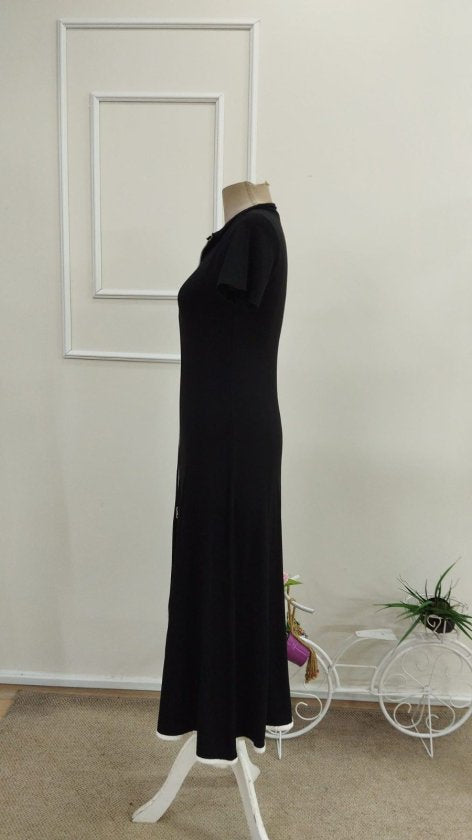 Rochie midi evazată din viscoză pentru femei, cu mânecă scurtă, decolteu deschis, fermoar frontal, 34203