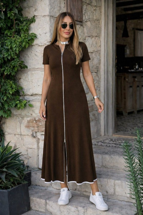 Rochie midi evazată din viscoză pentru femei, cu mânecă scurtă, decolteu deschis, fermoar frontal, 34205