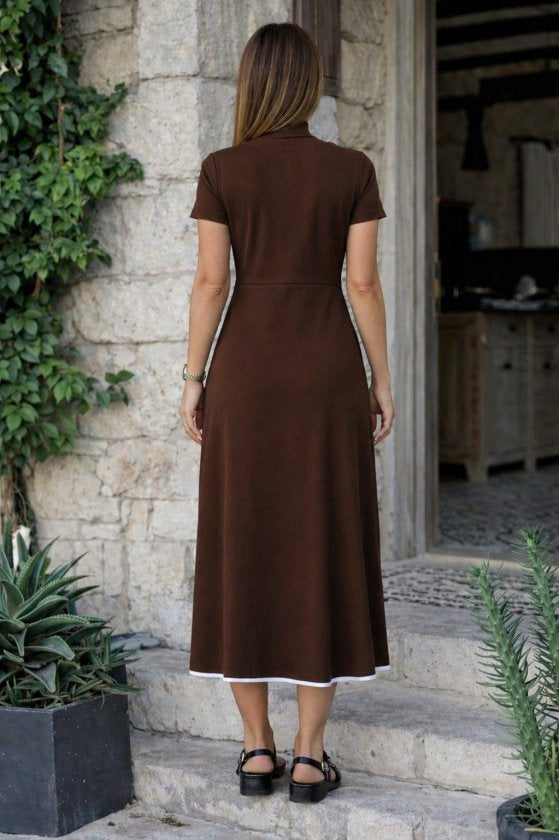 Rochie midi evazată din viscoză pentru femei, cu mânecă scurtă, decolteu deschis, fermoar frontal, 34205