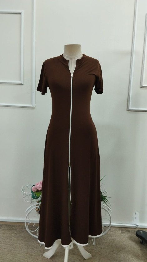 Rochie midi evazată din viscoză pentru femei, cu mânecă scurtă, decolteu deschis, fermoar frontal, 34205