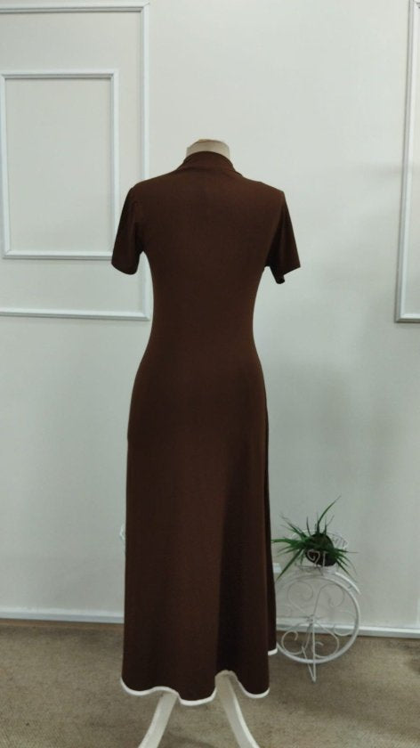 Rochie midi evazată din viscoză pentru femei, cu mânecă scurtă, decolteu deschis, fermoar frontal, 34205