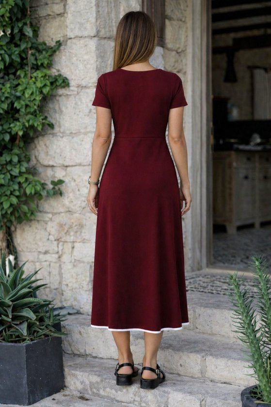 Rochie midi evazată din viscoză pentru femei, cu mânecă scurtă, decolteu deschis, fermoar frontal, 34206