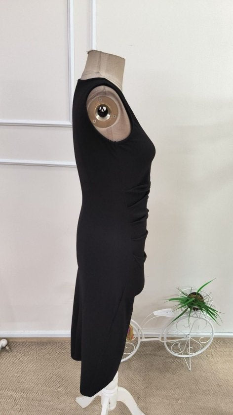 Rochie scurtă din crep strălucitor, fără mâneci, cu guler înalt, cu încrețituri laterale, pentru femei, 34207