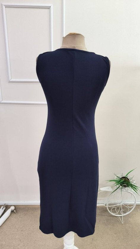 Rochie scurtă din crep strălucitor, fără mâneci, cu guler înalt, cu încrețituri laterale, pentru femei, 34209