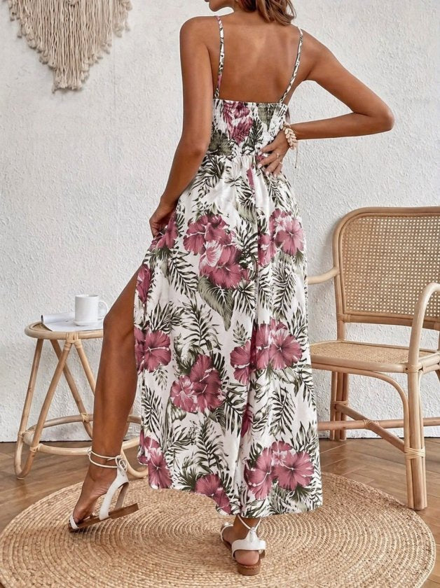 Women's Spaghetti Strap V-Neck Waist Guipure Floral Print Side Slit Maxi Supreme Dress, 34213