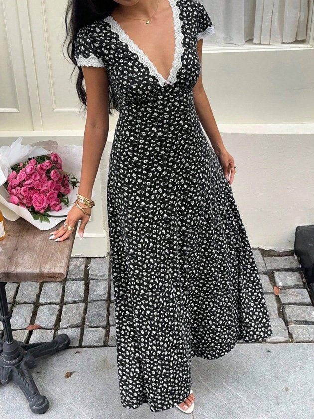 Women's Short Sleeve Deep V-Neck Lace Detail Floral Print Long Jersey Dress, 34214