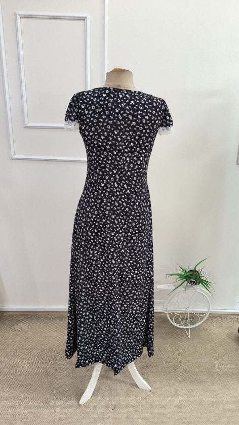 Women's Short Sleeve Deep V-Neck Lace Detail Floral Print Long Jersey Dress, 34214