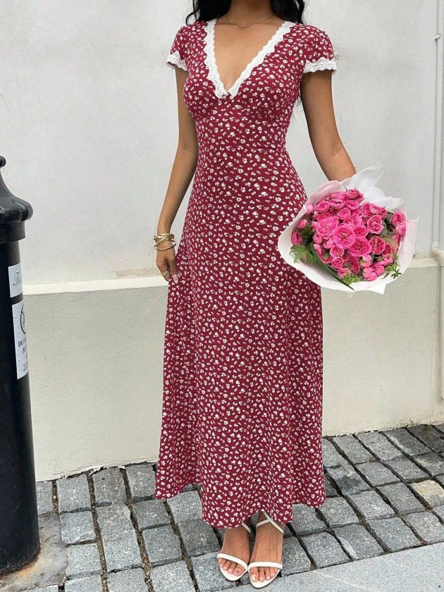 Rochie lungă Supreme pentru femei, cu mânecă scurtă, decolteu adânc în V, detalii din dantelă și model floral, 34215