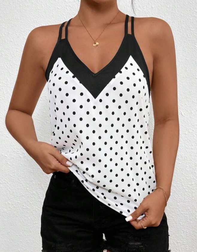 Women's Strappy V-Neck Polka Dot Sandy Blouse, 34246