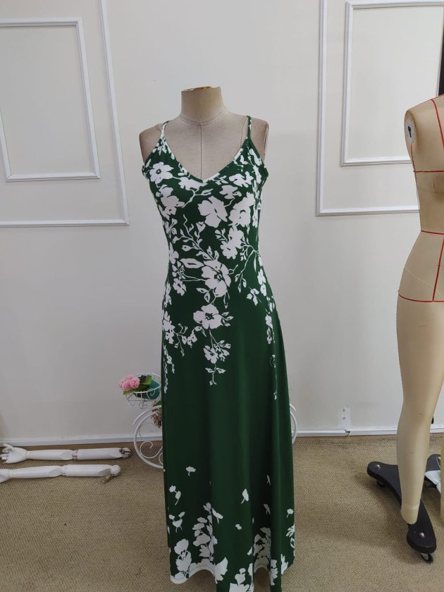 Women's Strappy V-Neck Patterned Long Interlock Dress, 34289