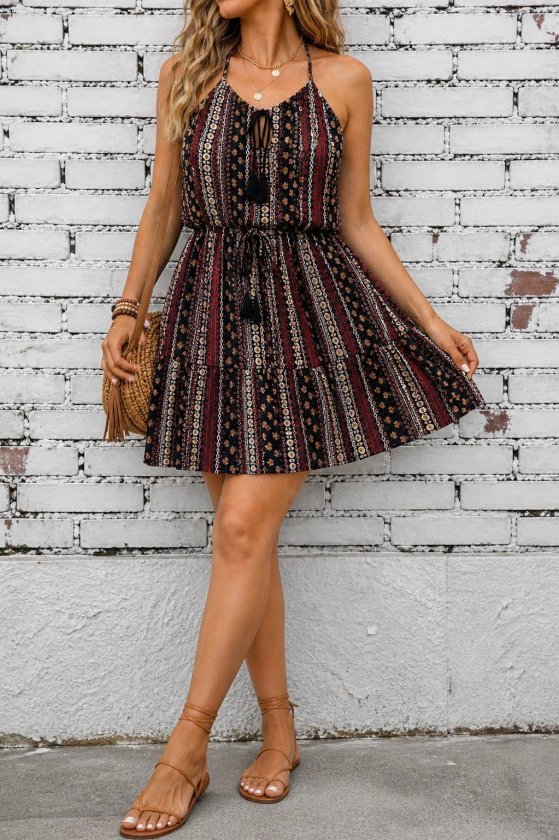 Women's Spaghetti Strap V-Neck Self-Tie Patterned Short Supima Dress, 34318