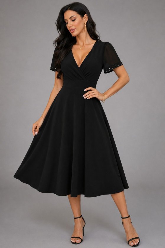 Rochie de damă cu mânecă scurtă și decolteu în V, cu mâneci din tul și detalii cu pietre, rochie din crep strălucitor, 34319