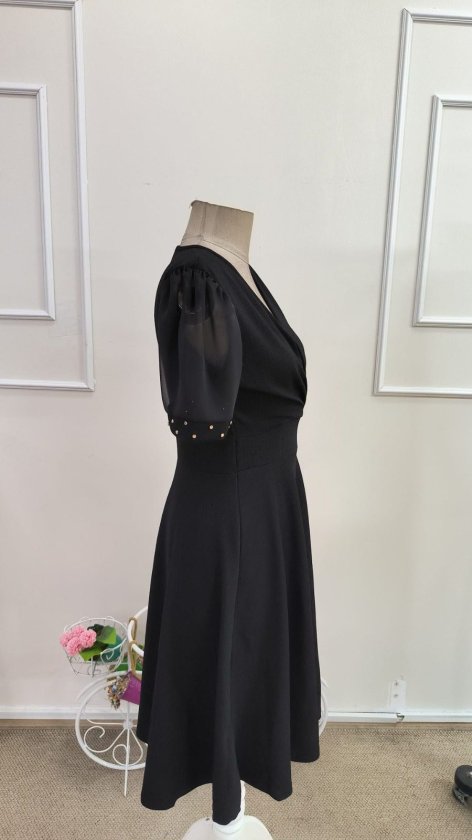 Rochie de damă cu mânecă scurtă și decolteu în V, cu mâneci din tul și detalii cu pietre, rochie din crep strălucitor, 34319