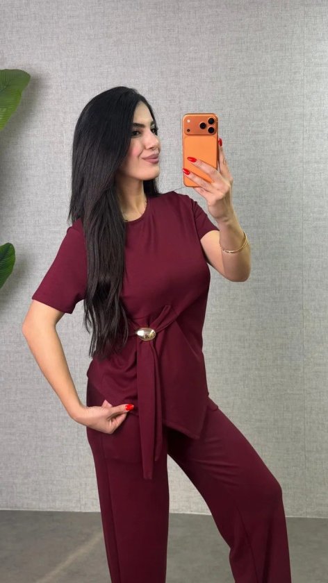 Set de două piese pentru femei, bluză și pantaloni din viscoză, cu guler rotund și mânecă scurtă, cu cataramă laterală, 34323