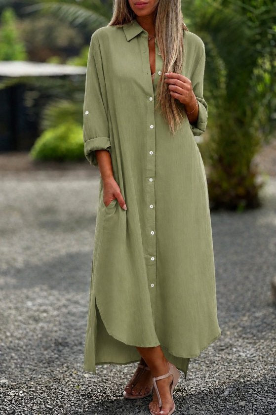 Women's Long Sleeve Collared Button-Front Loose Fit Detailed Long Dress, 34352