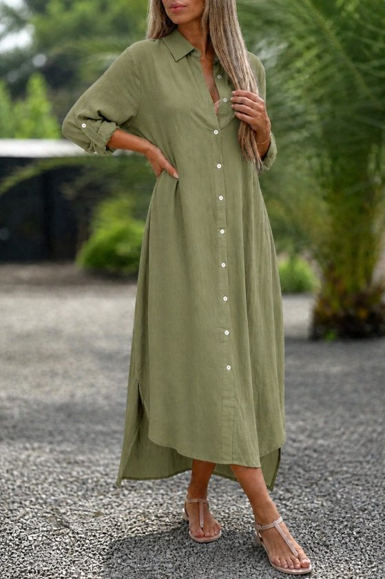 Women's Long Sleeve Collared Button-Front Loose Fit Detailed Long Dress, 34352