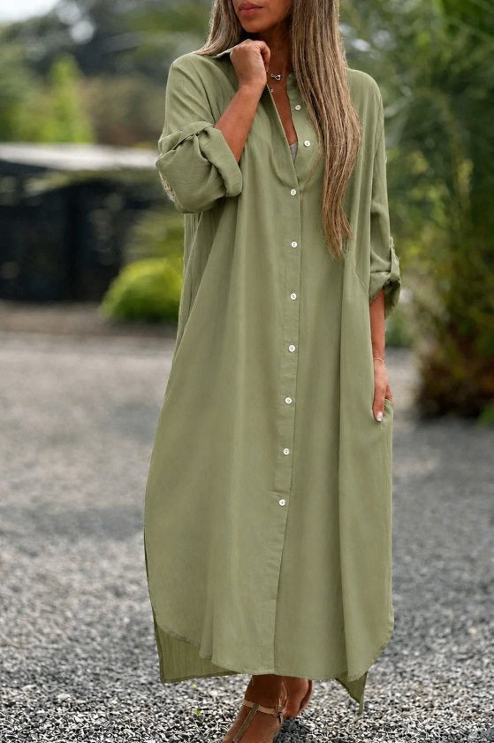 Women's Long Sleeve Collared Button-Front Loose Fit Detailed Long Dress, 34352